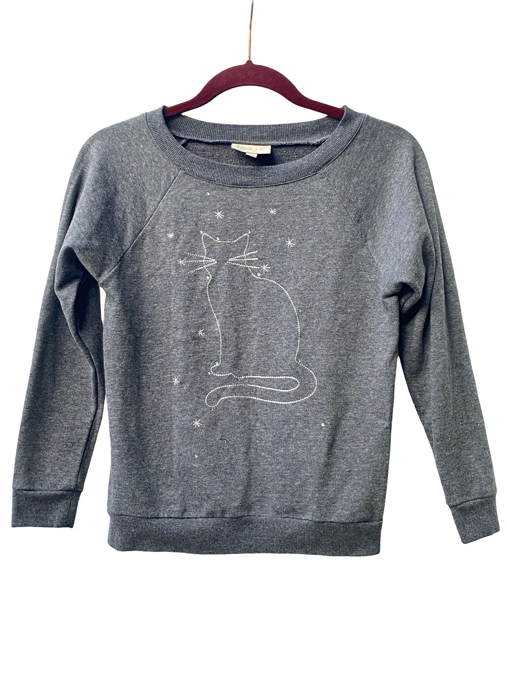 ModCloth retro cat embroidered sparkle celestial star crewneck grey sweater XS
